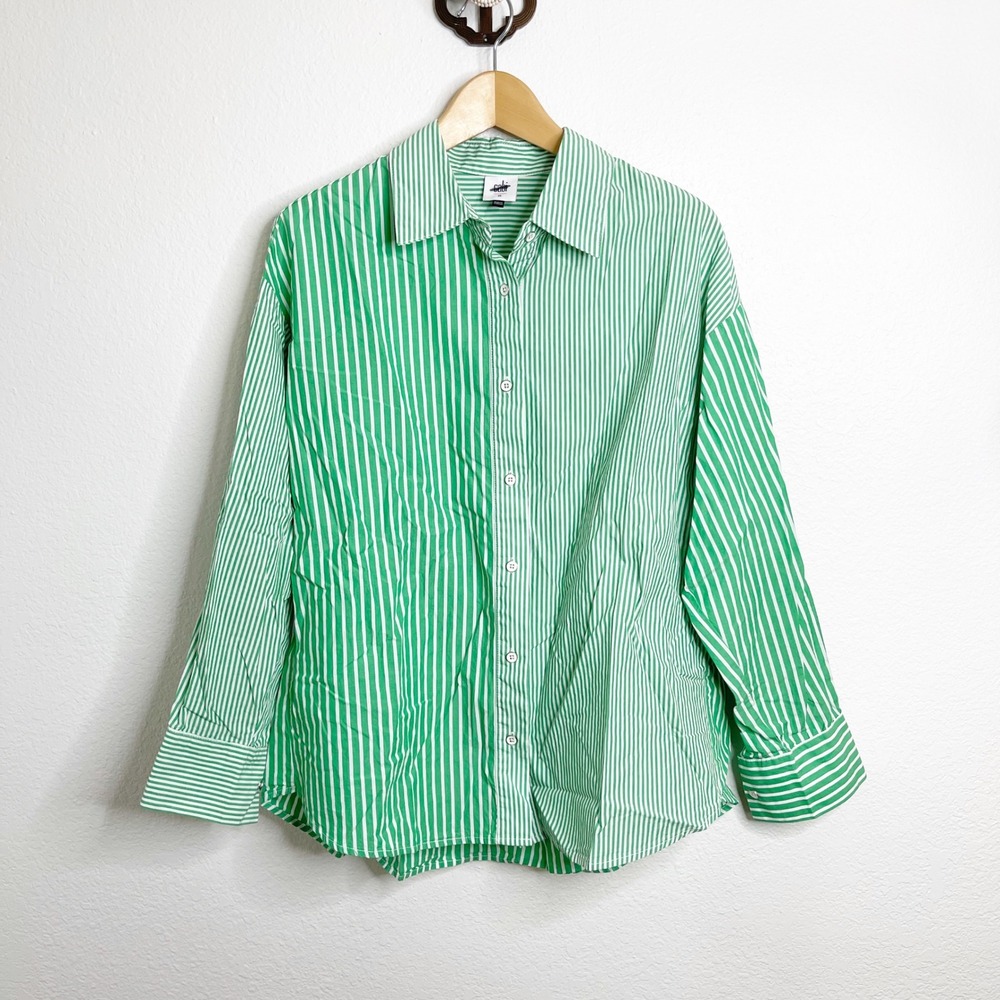 Cabi Green White Striped Button Down Shirt‎ Long Sleeve Cotton Blouse Medium